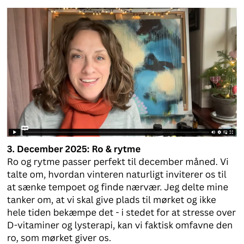 I dag snakkede vi om ro og rytme, som passer perfekt til december m&aring;ned. Vi talte om, hvordan vinteren naturligt inviterer os til at s&aelig;nke tempoet og finde n&aelig;rv&aelig;r. Jeg delte mine tanker om, at vi skal give plads til m&oslash;rket og ikke hele tiden bek&aelig;mpe det - i stedet for at stresse over D-vitaminer og lysterapi, kan vi faktisk omfavne den ro, som m&oslash;rket giver os.